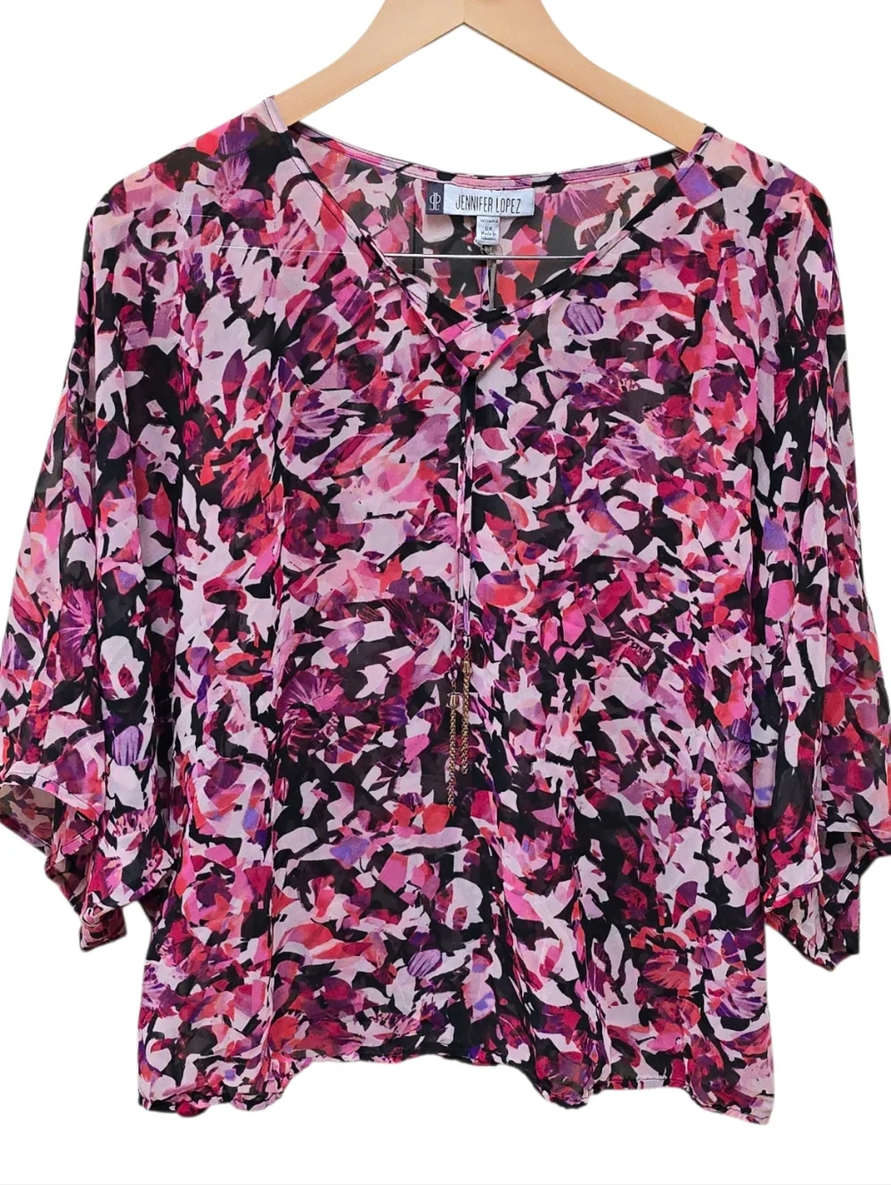 NWT Jennifer Lopez JLO Abstract Floral Sheer Blouse 0X Top Boho Flowy Sleeves - Picture 8 of 8